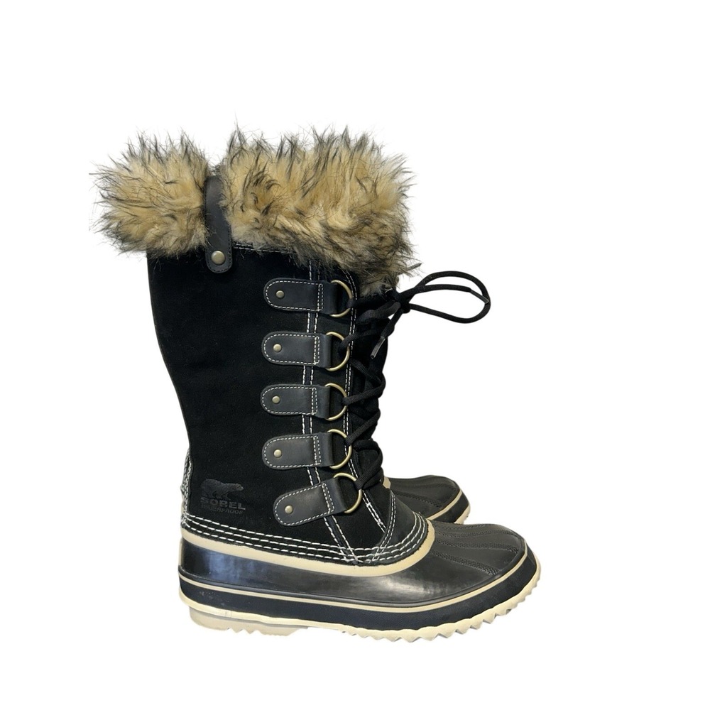 Sorel Joan of Arctic Waterproof Suede Winter Boots Black Faux Fur Trim Women's 9